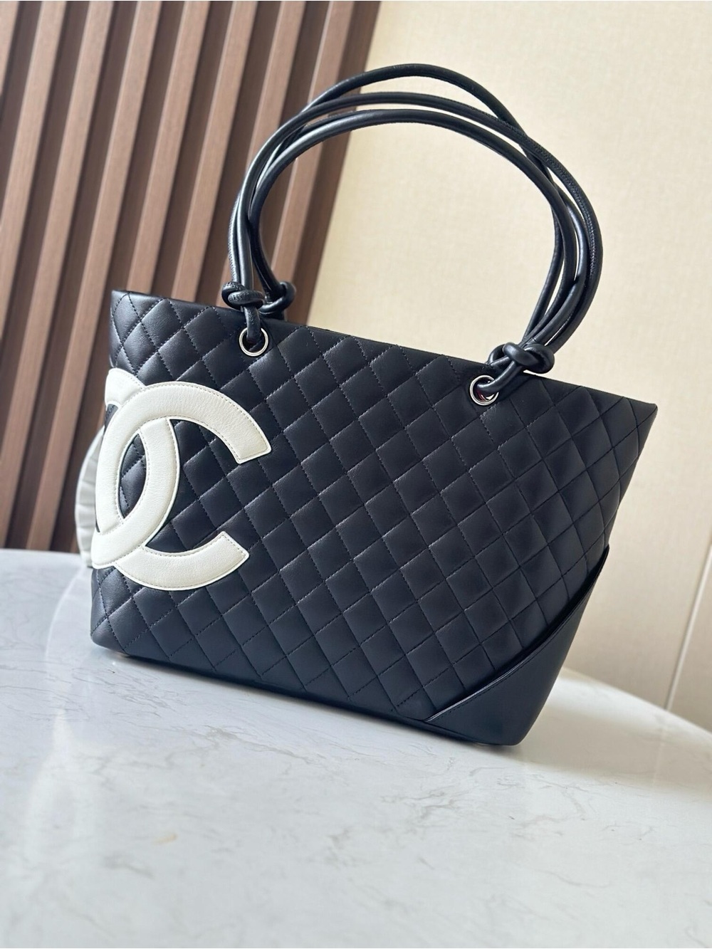 CHANEL Black Quilted Leather Shoulder Tote with White CC Patch
